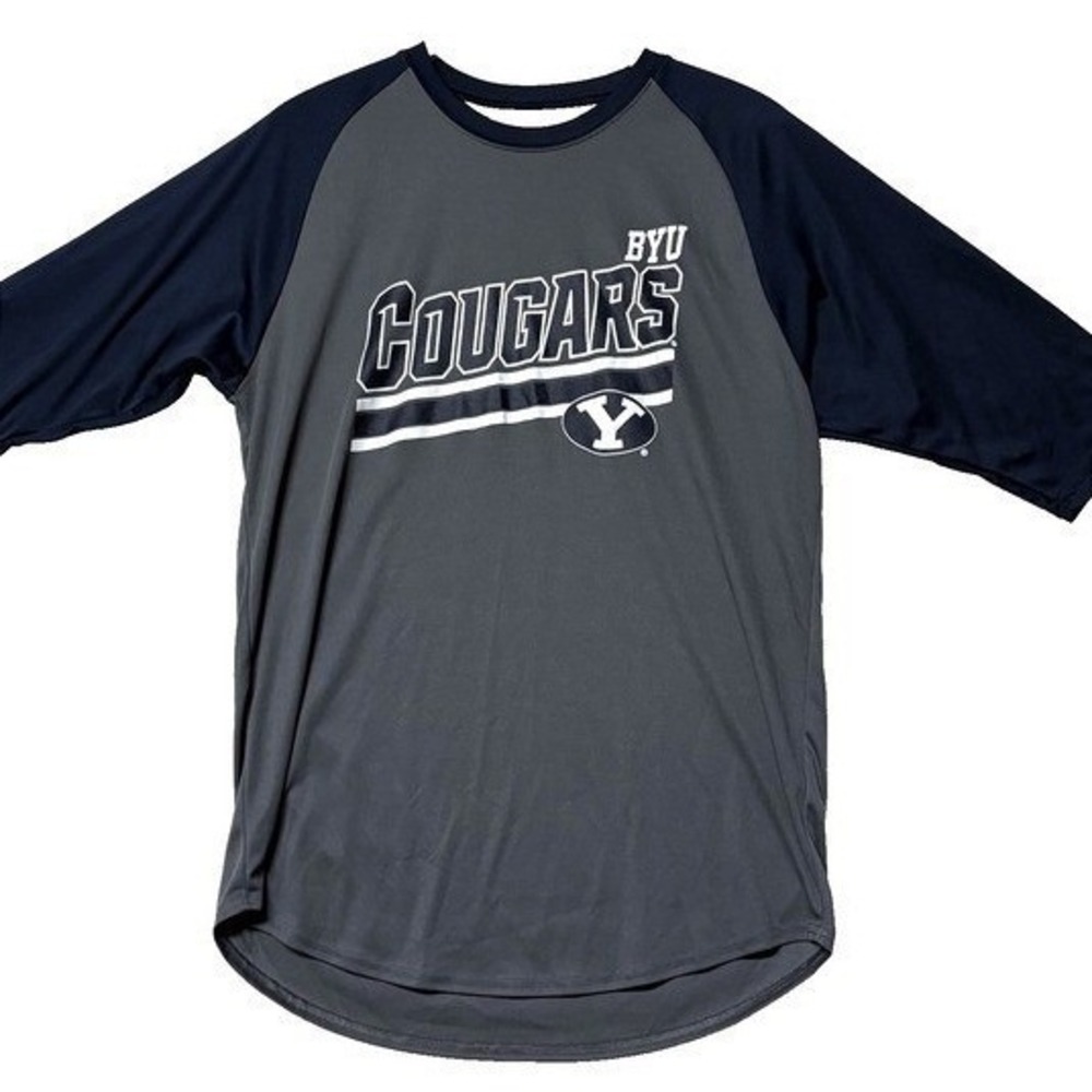BYU Cougars Raglan T Shirt Gray Navy Blue‎ Performance Gameday Tailgate Mens M